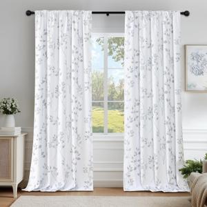 Beauoop Floral 100% Blackout Curtains 84 Inches Long 2 Panels for Bedroom Living Room Grey White Flower Patterned Room Darkening Thermal Insulated Soundproof Rod Pocket Back Tab Window Drapes, 52X84