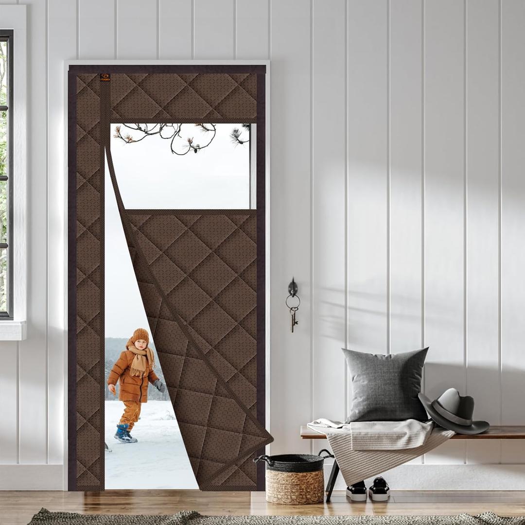 WochiTV Magnetic Thermal Door Curtain, 34 x 82 Inch Insulated Door Cover Thickened Waterproof Weatherproof Insulation Blanket with Visible Window for Winter Side Opening Brown