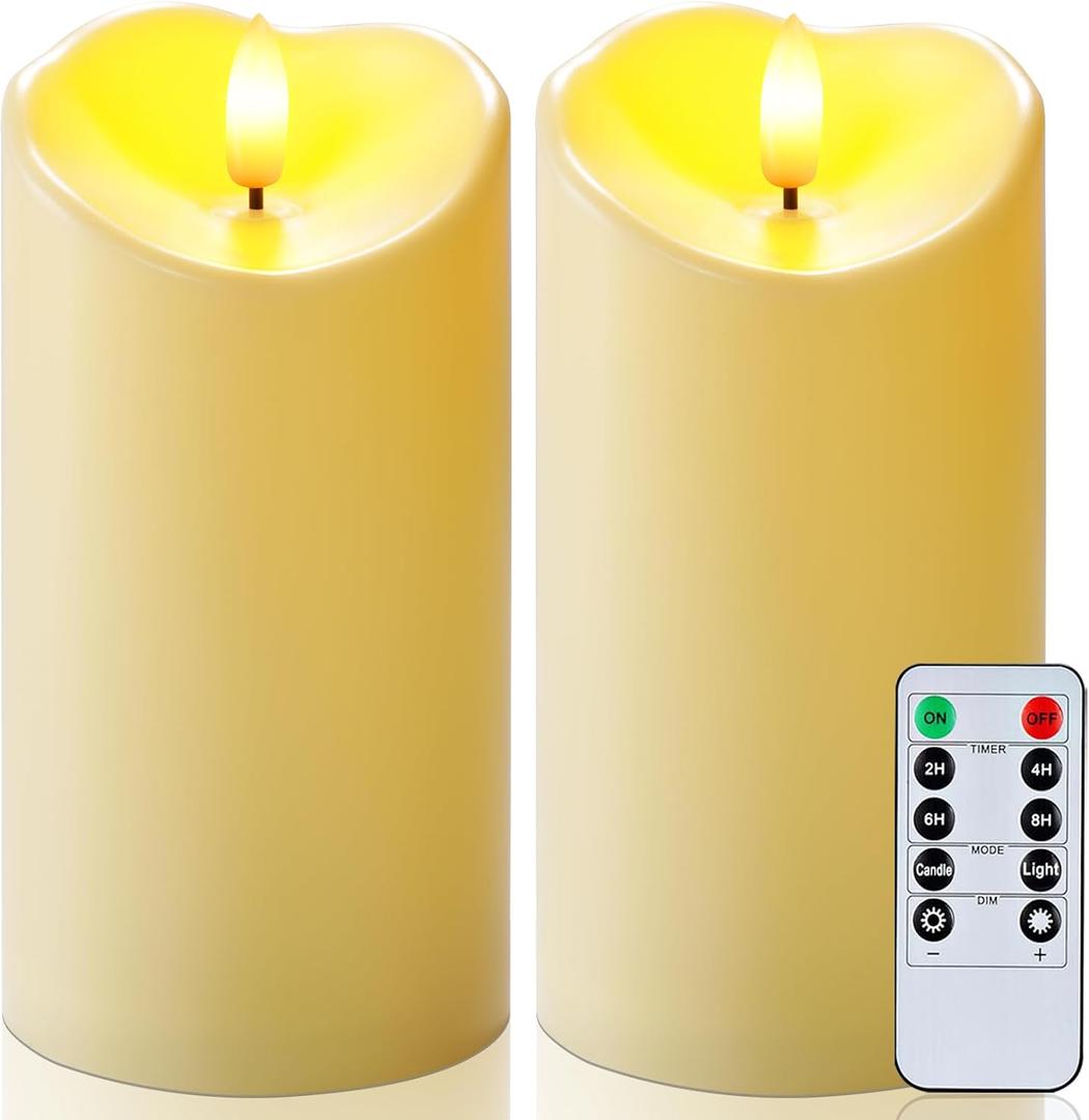 Raycare 6"x3" Outdoor Waterproof Flameless Candles with Remote and Timer, Battery Operated LED Electric Fake Pillar Candle for Christmas Home Wedding Decor, Dark Ivory, Set of 2