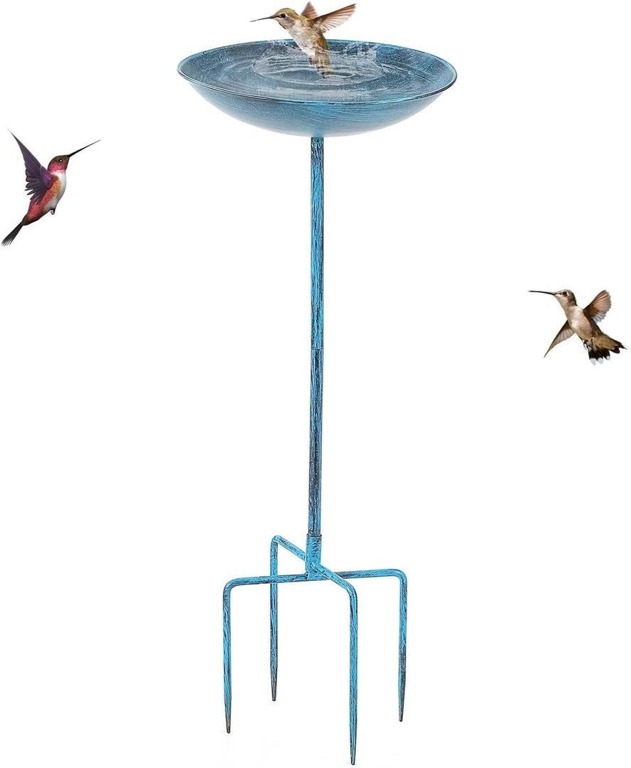 Metal Bird Bath for Outdoors, 29H Vintage Birdbaths for Outside, Bird Feeder Bowl Heavy Duty with 4 Prongs Base for Garden Yard, Blue