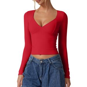 QINSEN Women's Long Sleeve V Neck T Shirts Double Lined Crop Top Seamed Cup Going Out Tops (X-Large, Red)