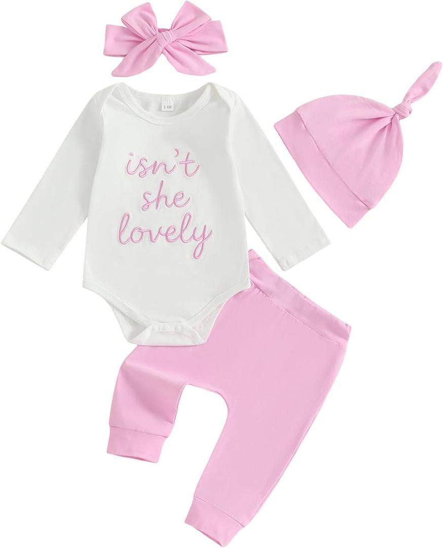 Gueuusu Newborn Girl Coming Home Outfit Isn't She Lovely Baby Romper Long Pants Hat Headband Cute Fall Clothes 0 3 6 12 18M (Pink, 12-18 Months) (White)