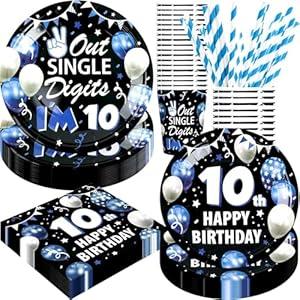10th Birthday Decorations for Boys, 10 Year Old Boy Birthday Decorations Party Supplies, 120Pcs Double Digits Happy 10th Birthday Includes Paper Plates, Napkins, Cups and Straws | Serves 24
