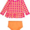 RuffleButts Baby/Toddler Girls Scalloped Long Sleeve Rash Guard 2-Piece UPF50+ Sun Protected Swimsuit (4T, Neon Sherbet Cane)