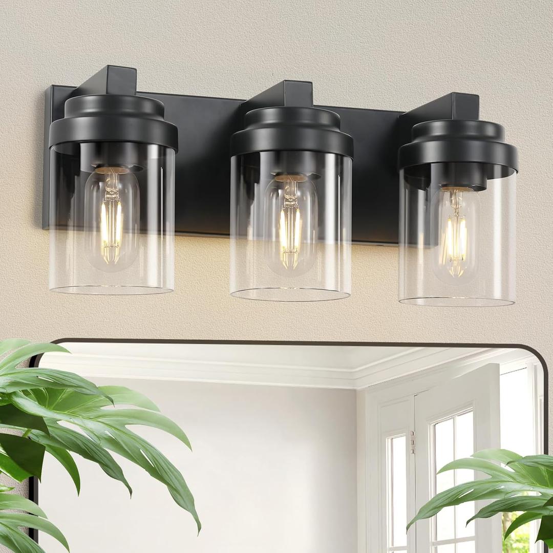 3 Light Bathroom Vanity Light, Matte Black Bathroom Light Fixtures with Clear Glass Shade, Vanity Light Fixtures Over Mirror for Bedroom Living Room,E26