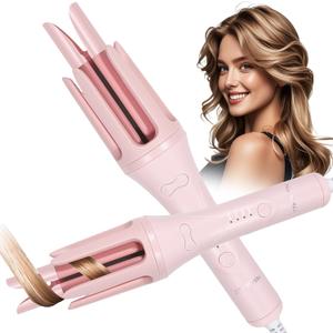 Automatic Curling Iron, 1.25 Inch Hair Curler with 4 Temp. Options, 10S Fast Heating, 2-Way Rotation, 30 Min Auto Shut-Off, Anti-Scald-Tangle for Long Hair, Dual Voltage for Travel (Pink)