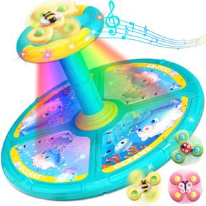 Ocean Sit and Spin Toys for Toddlers 1-3, 360 Rotation Sit n Spin, LED Light & Enlightenment Music, for Boy/Girl with 3PCS Suction Cup Spinner Toys (Blue)