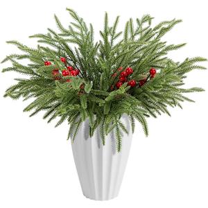 Watayo 45 Pcs Christmas Norfolk Pine Branches with Red Berry Stems, 14" Artificial Greenery Norfolk Pine Stems Sprigs, Fake Foliage Pine Needles Picks for DIY Craft Garland Home Decoration