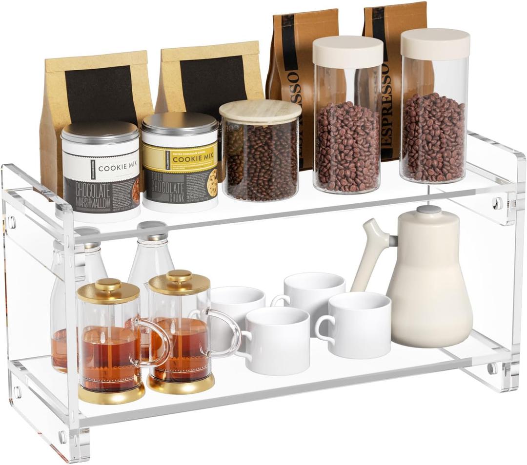 YUNEASELF Coffee Station Organizer Countertup: Coffee Bar Accessories  2 Tier Kitchen Acrylic Storage Shelf for Placing Mugs Beans Syrup Cups Stirrers