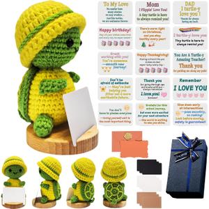 Positive Crochet Animals Appreciation Luxury Gift Set Inspirational Emotional Support Sea Turtle Desktop Decor Perfect for Couples Parents Coworkers Teachers Birthdays (Yellow (ordinary wooden base))