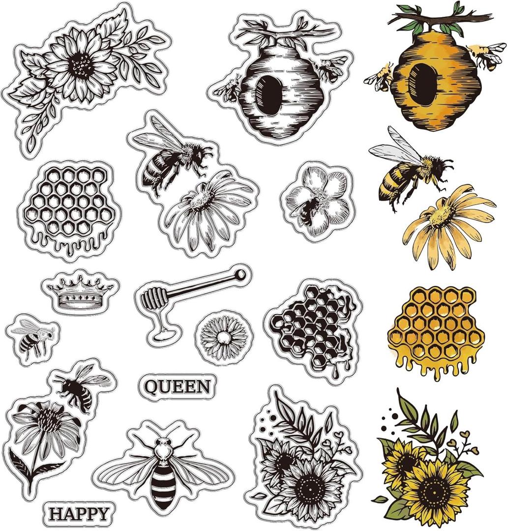 CRASPIRE Bees Clear Stamps Animal Honey Flower Retro Reusable Background Postmark Transparent Silicone Stamp Seals for Journaling Card Making Decor DIY Scrapbooking Supplies Film Frame