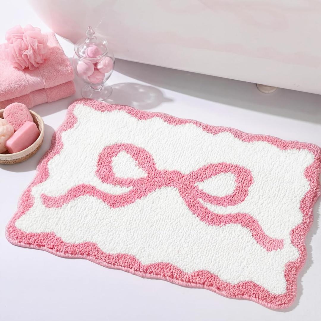 Tinideya Pink Bow Bathroom Rug 16" x 24" Scalloped Bow Bath Mat Non Slip Cute Coquette Aesthetic Carpet Preppy Room Decor Microfiber Absorbent Mat for Mother's Day Bathtub Shower Bedroom Gift