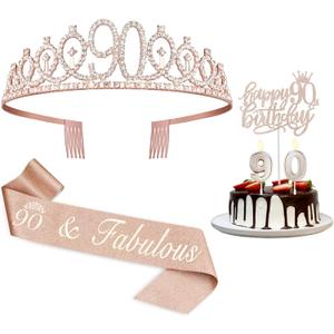 90th Birthday Decorations Women, Including Crown/Tiara, Sash, Cake Topper and Candles, Happy 90th Birthday Decorations for Women