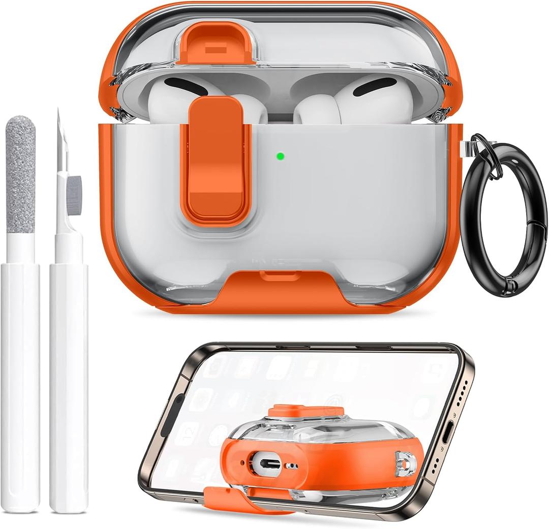 for AirPods Pro 3 Case (2025) with Phone Stand & Cleaner Kit, Cute Soft Silicone Cover for AirPods Pro 3rd Genera case with Keychain for Women Men with Keychain for Airpod Pro case(2025) Orange