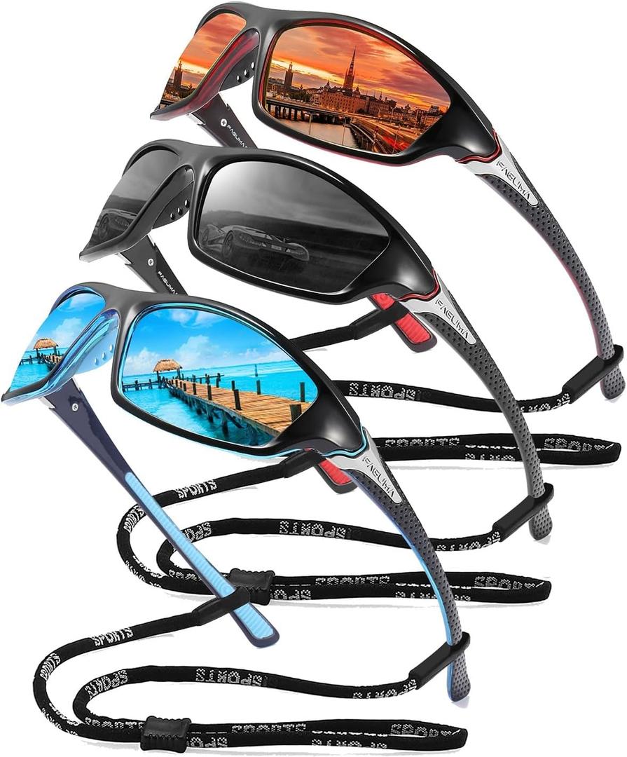 FAGUMA Sports Polarized Sunglasses For Men Cycling Driving Fishing UV400 Protection (01 Red+black+blue (3 Pack))