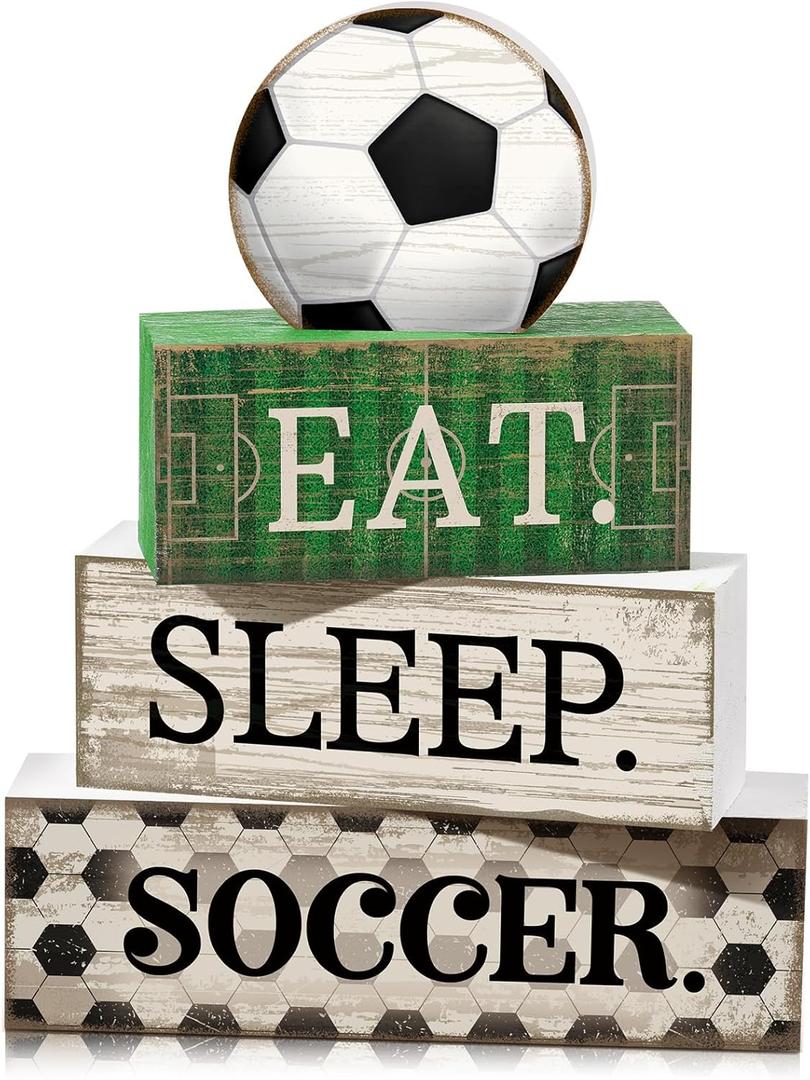 Yuntau 4 Pcs Soccer Wooden Tabletop Decor Soccer Tiered Tray Decor Rustic Wood Block Sign Gift Centerpiece Farmhouse Table Sign for Home Boys Room Office Shelf Birthday Party
