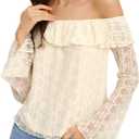 RIHOAS Off The Shoulder Tops for Women Long Sleeve Lace Trim Y2K Bell Sleeve Fall Trendy Going Out Tops (Beige, M)