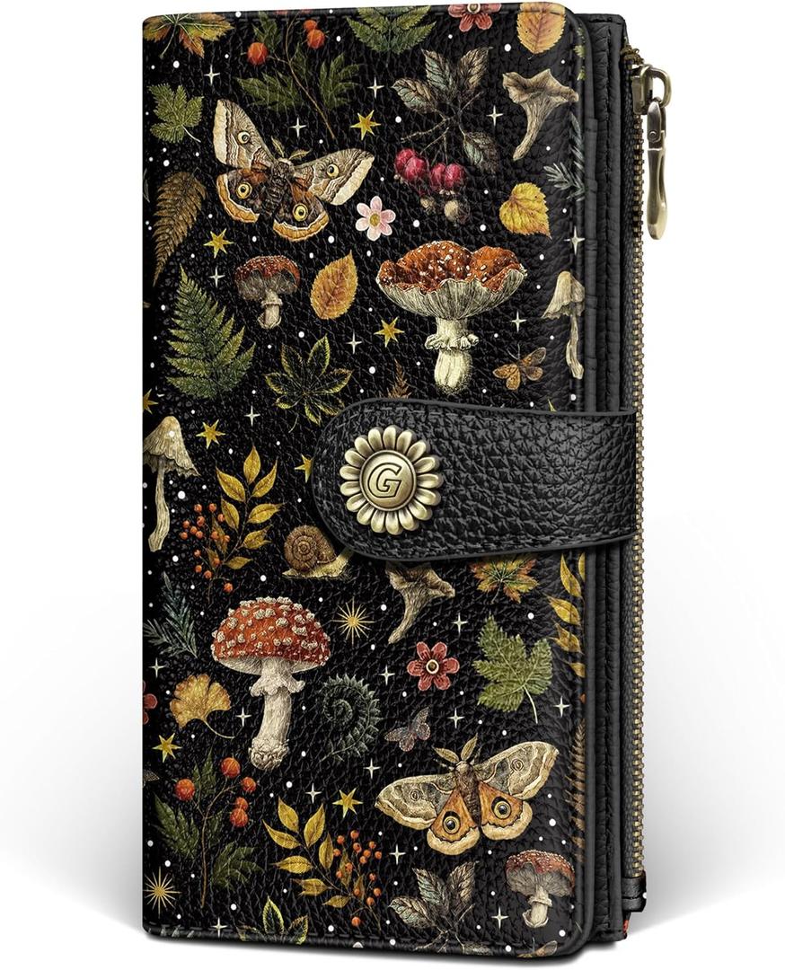 GIANCOMICS Butterfly Mushroom Womens Wallet RFID Blocking, Credit Card Holder Bifold, PU Leather Travel Billfold, Cute Cash Purse, Zipper Coin Pocket Clutch, 11 Card Slots, Ladies Gift Woman