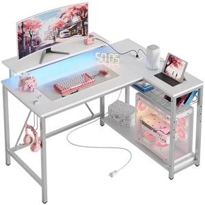 Bestier White Computer Desk with Charging Port & LED Strip,42 inch Modern Gaming Desk with Reversible Storage Shelves,Small L Shaped Desk with Hooks for Home Office
