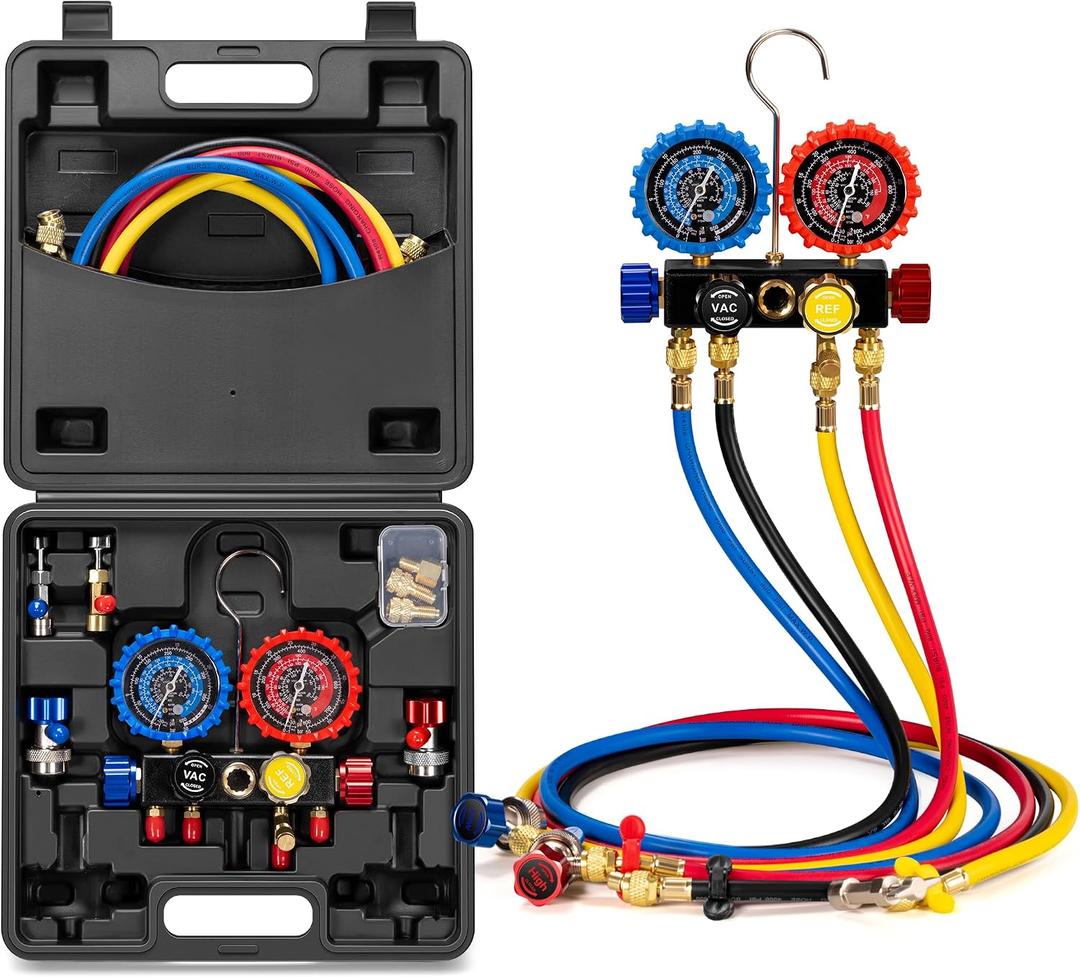 VIVOHOME HVAC Manifold Gauge Set for R134a R410a R22 R32 Refrigerant, 4 Valve Automotive AC Gauges with 5ft Hoses for Car Freon Charging and Evacuation
