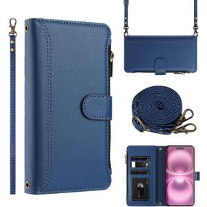 Asuwish Phone Case for iPhone 17 Pro 6.3 inch Wallet Cover with Tempered Glass Screen Protector Crossbody Wrist Strap Leather Flip Zipper Credit Card Holder Stand Cell i Phone17 i17 17Pro Women Blue