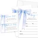 Blue Bow Baby Shower Invitations For Boy, Boys Baby Shower Invites Cards with Envelopes, Gender Reveal Invitations, Diaper Raffle Tickets(25 Sets) -tz04
