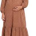 Motherhood Maternity Women's V-Neck Long Puff Sleeve Ruffle Midi Pregnancy Dress, Mocha Dots Medium