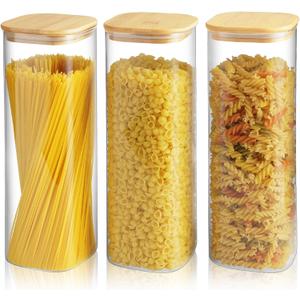 82 Oz Glass Storage Containers with Bamboo Lids, Square Glass Canister Sets Clear Glass Pantry Storage Containers with Lids for Cookie Flour Oat Pasta Tea Coffee Bean, Set of 3