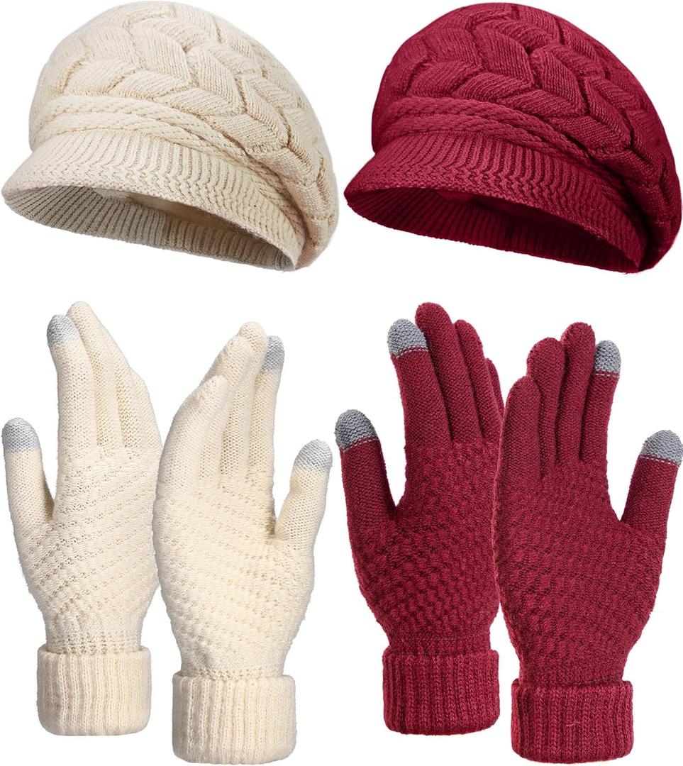 SATINIOR 4 Pieces Women Winter Hats and Gloves Set Touchscreen Gloves Warm Knitted Beanie and Mittens for Women Men(Beige, Purplish Red)