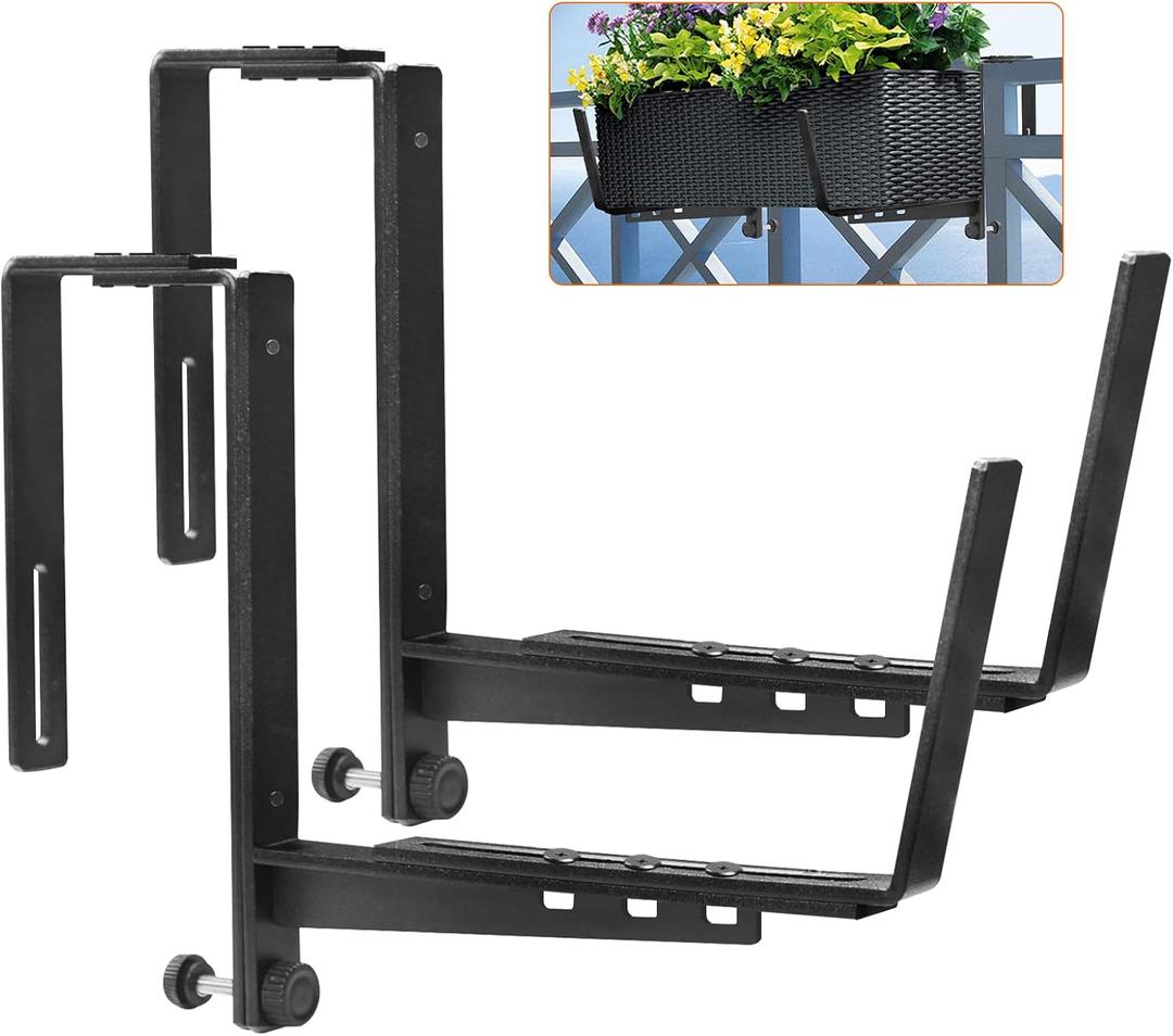 2 Pcs Adjustable Railing Planter Boxes Brackets,Heavy Duty Iron Window Box Planters Holder Outdoor for Railings,Windowsill,Patio,Deck,Garden,Balcony,Fence,Wall,Porch,Black