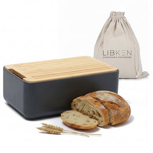 LIBKEN Bread Box – Extra Thick Steel Bread Bin with Bamboo Cutting Board Lid & Drawstring Bread Bag - Modern Scandinavian Metal Box for Kitchen Countertop, Sourdough & Homemade Bread - Black