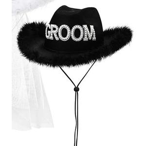 1 Pcs Black Groom Cowboy Hats for Wedding Bridal Shower Decor Gifts (Black, Feathers)