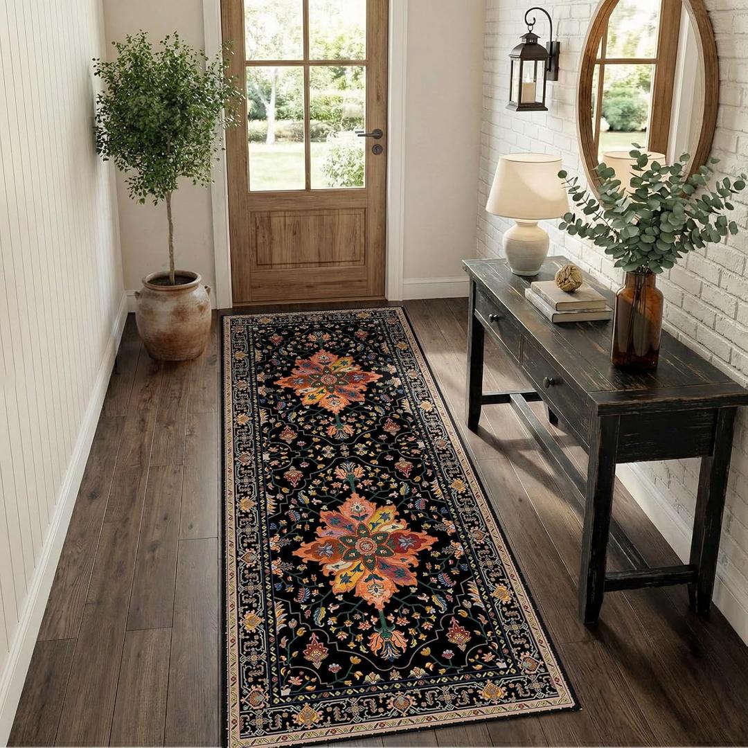 RELEANY Area Rugs 2'x6' Runner Rug Non Slip Washable for Kitchen Hallway Bedroom Beside Laundry Room Bathroom Rug, Floor Carpet, Black Colorful Floral Dark Tan