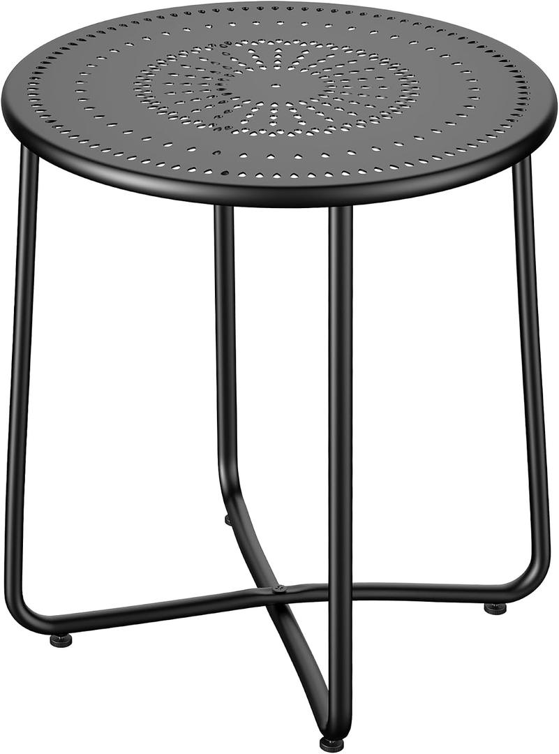 Outdoor Side Table, Small Patio Table Waterproof Round Metal Steel Weather Resistant Portable Indoor End Table for Garden Balcony Yard, Black