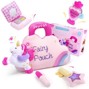 JoyCat My First Purse for Toddler Girls 1-3, 5 PCS Plush Unicorn Pretend Play Set with Lipstick, Perfume, Palette & Star Key, Soft Sensory Gifts for Girls