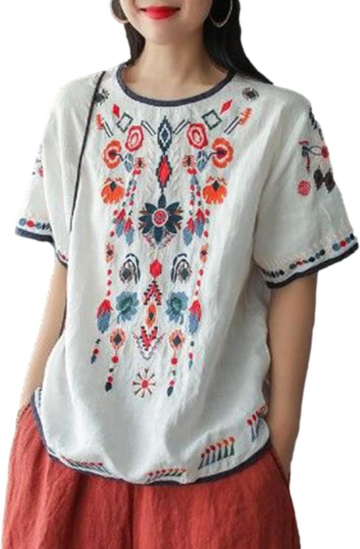 SeekMe Women's Cotton Linen Tops Embroidered Short Sleeve Peasant Boho Mexican Tunic Top Festival Casual Loose T Shirt (Large)