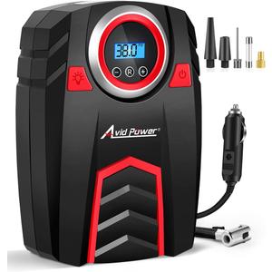 Avid Power 12V DC Air Compressor w/Digital Pressure Gauge, Car Tire Pump w/LED Light, Auto Shut-Off Tire Inflator for Car, Bicycles, Balls and Other Inflatables (Medium, Red)