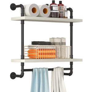 Helsin 24inch Industrial Pipe Shelving Bathroom Shelves Wall Mounted with Towel bar, 2 Tier Rustic Wood Floating Shelf, Metal Towel Rack Wall Shelf for Home & Bathroom (White, 24inch)