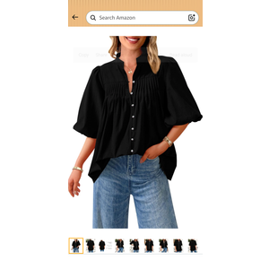 PRETTYGARDEN Women's 2026 Summer Short Lantern Sleeve Tops Loose Fit Button Down Shirt Pleated V Neck Blouses Trendy Clothes M