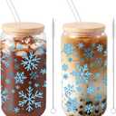 Sliner 2 Pcs Snowflake Glass Cups Christmas Winter Tumbler with Lid Straw Drinking Glasses 16 oz Iced Coffee Cup with Cleaning Brush Beer Can Tumbler Cute Holiday Gifts for Home Office Decorations