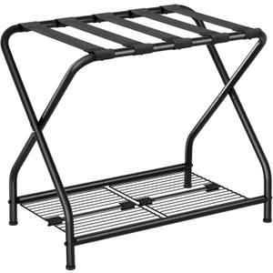 Luggage Rack, Suitcase Stand with Storage Shelf, Foldable Metal Luggage Holder for Guest Room, Bedroom, Hotel LR-BK-1 (Black)