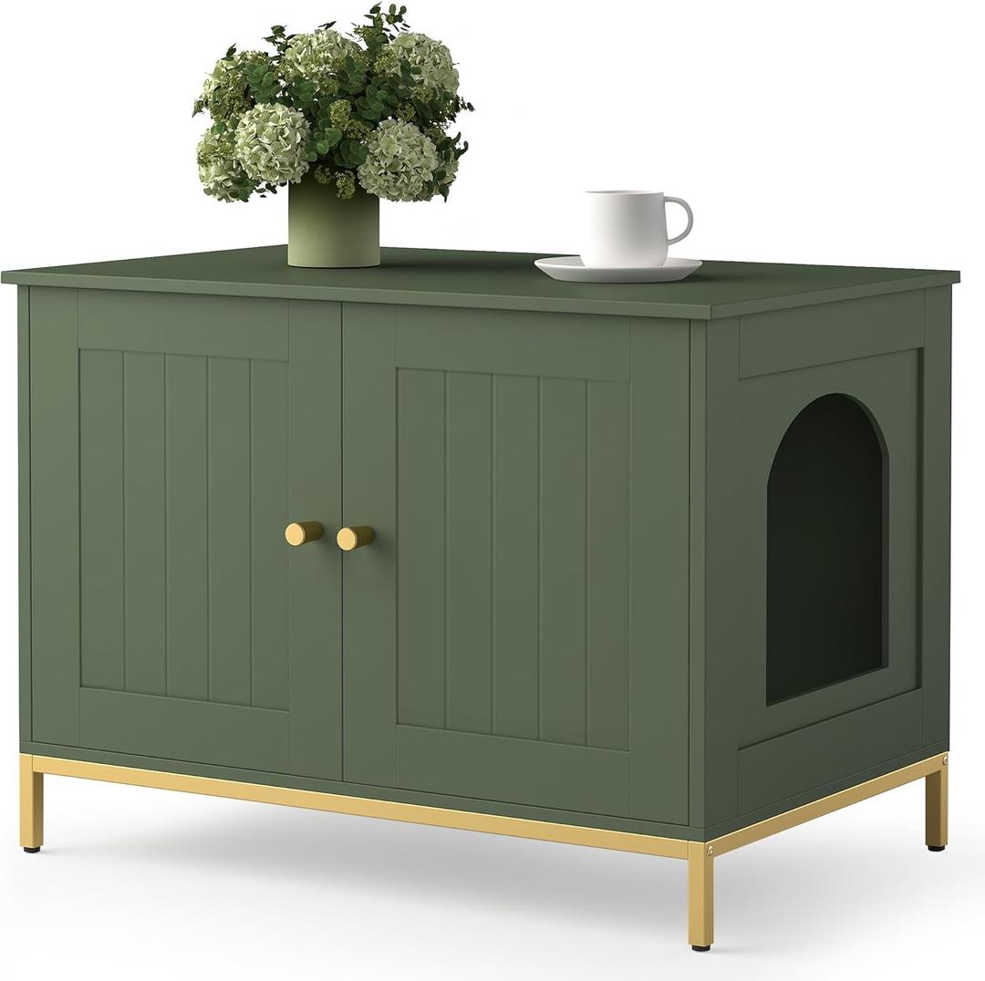 Homhedy Cat Litter Box Enclosure, Cat Washroom Furniture with Metal Frame, Pet House, Fit Most of Litter Box, Modern Style, Green and Gold (28.3"L x 17.7"W x 21.7"H)