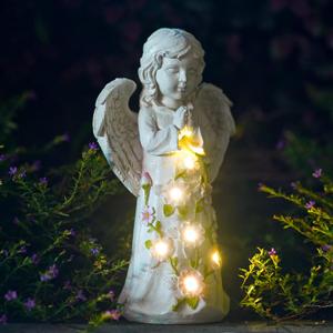 Nacome Garden Outdoor Statues Angel with Succulent and 7 LED Lights Lawn Decor for Patio, Balcony, Yard Ornament for Mom Grandma Women