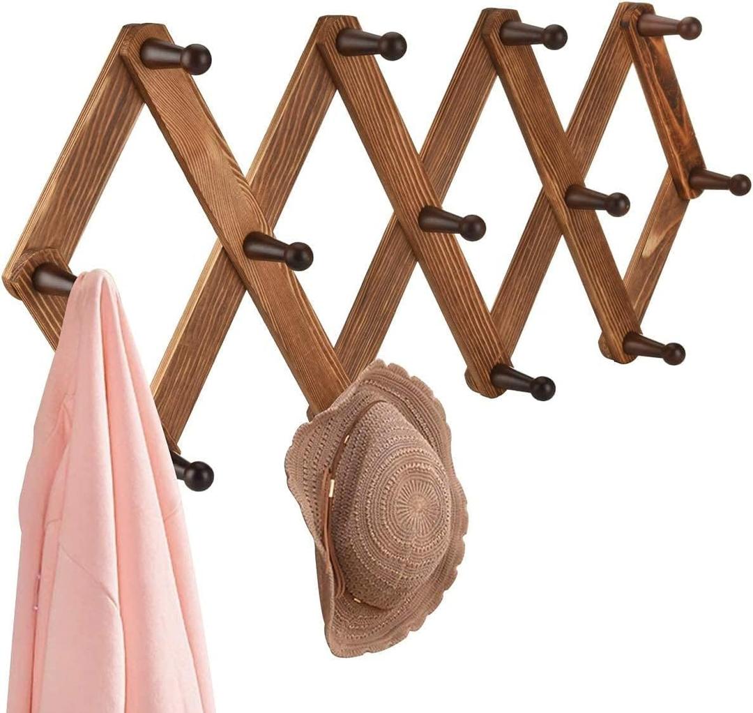 Homode Vintage Wood Expandable Peg Rack- Multi-Purpose Accordion Wall Hangers with 13 Hooks for Hats, Coat, Mugs, Scarf, Jewelry Storage (Dark Brown)