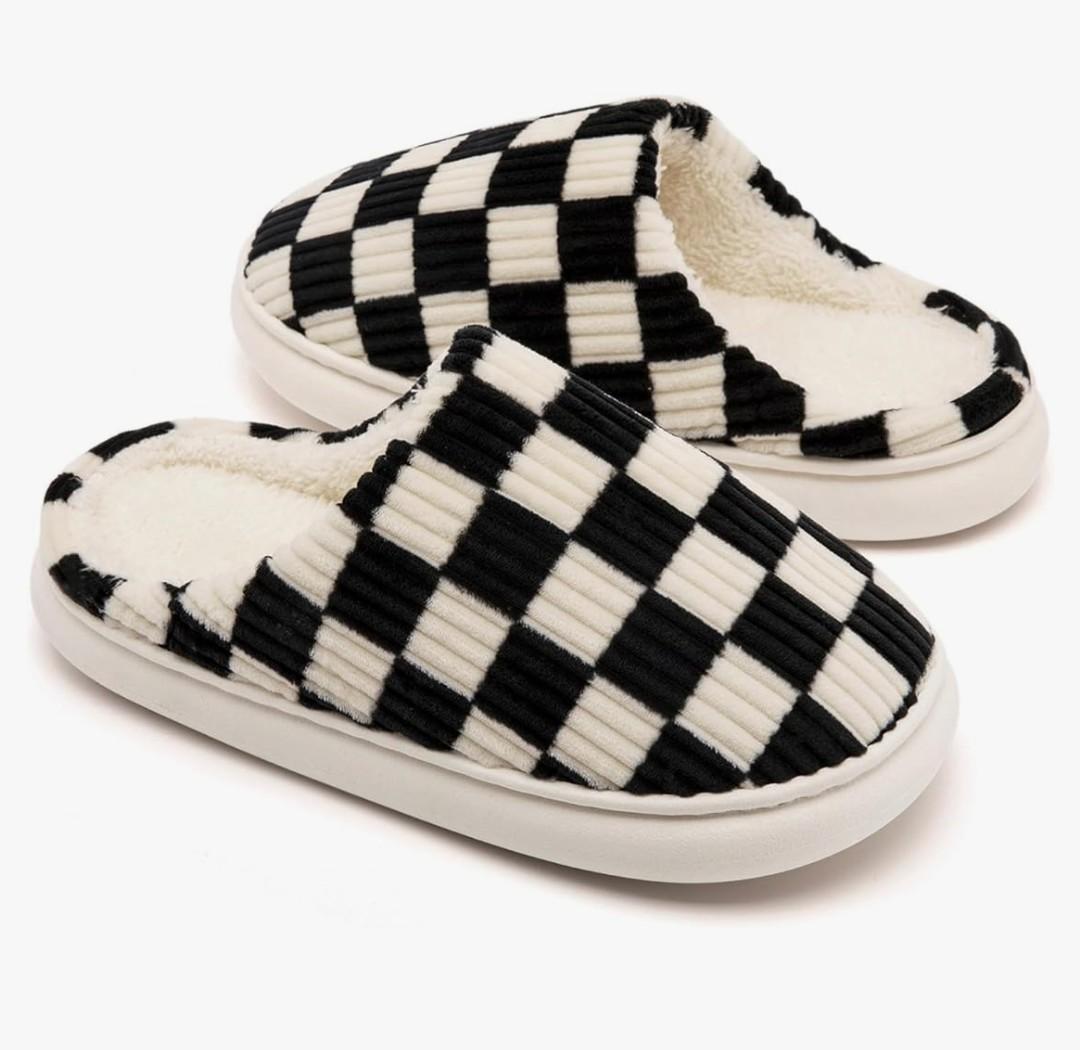 House Slippers for Woman Men, Fuzzy Checkered Mens Womens Slippers Warm Memory Foam House Shoes Indoor Outdoor with Faux Fur Lining, 7