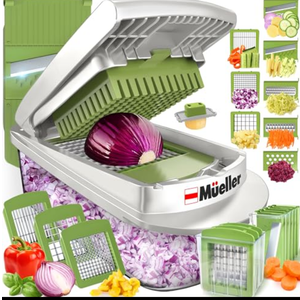 Mueller Pro-Series 10-in-1, 8 Blade Vegetable Chopper, Mandoline Slicer, Food Chopper with Container, Fruit Slicer, Kitchen Gadgets & Accessories, Home Essentials, White Sand/Green
