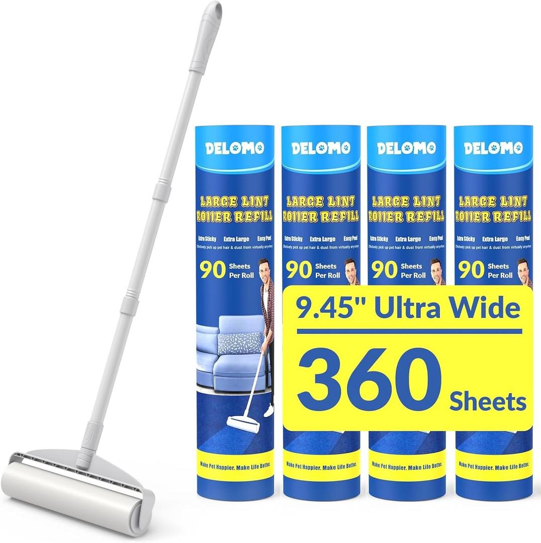 Large Lint Rollers for Carpet, Sticky Rollers for Floor DELOMO 9.45 in with 3 Extendable Handle, Long Handle Sticky Mop for Cleaning Carpets, Cars, Clothing, and Pet Hair