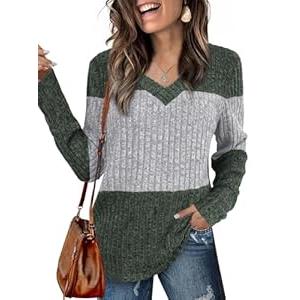 Womens Tops Fall Fashion Sweatshirts for Women V Neck Long Sleeve Sweaters Lightweight Dressy Casual Pullover Green (X-Large)