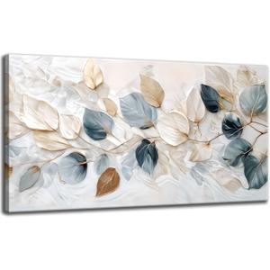 Large Living Eucalyptus Leaf Canvas Wall Art Teal White Botanical Abstract Decor painting Pictures Modern Nordic Plant Flowers Posters Prints for Bathroom Bedroom Office Hallway Home Decoration (40L" x 20W")