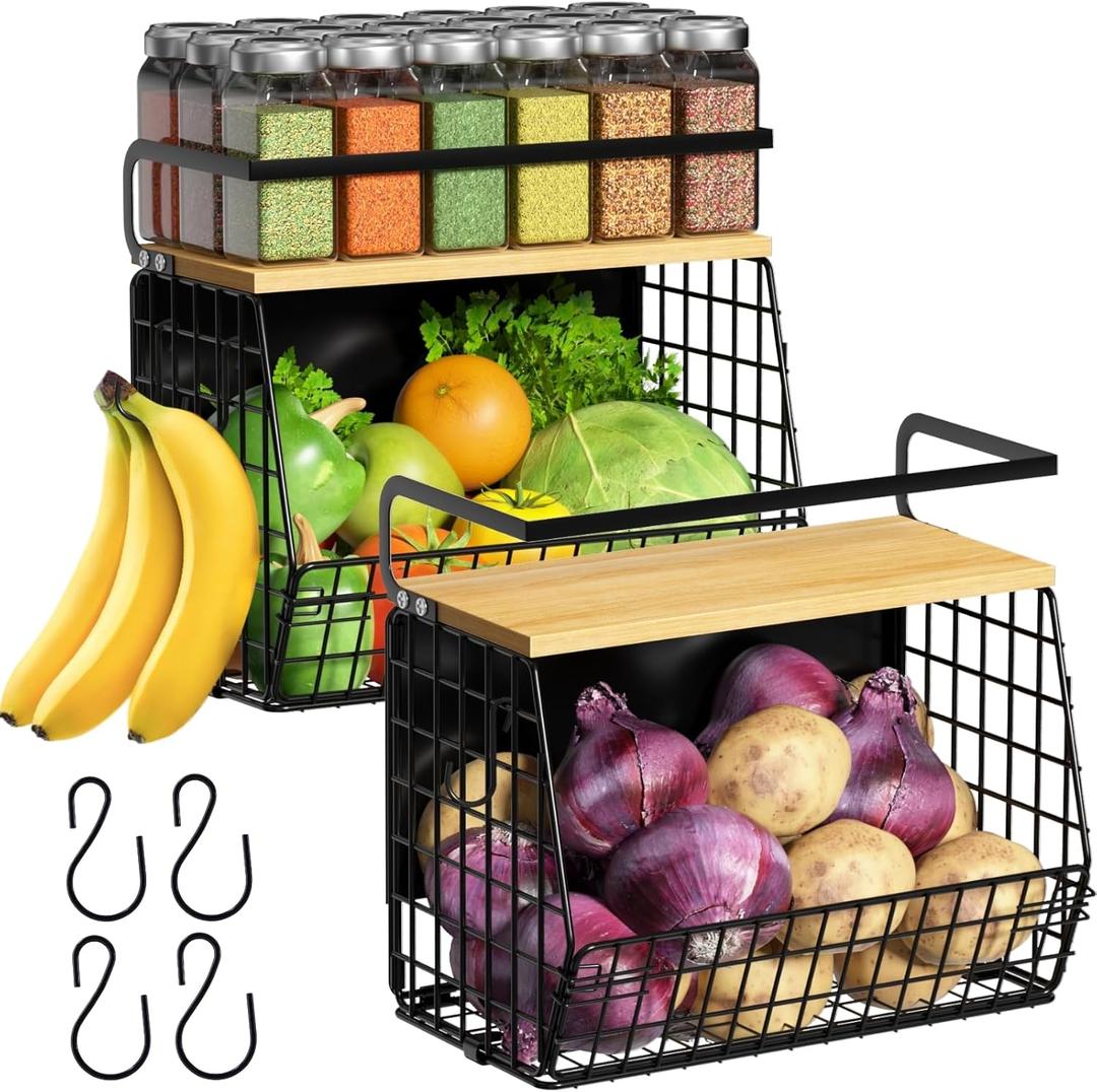 Magnetic Shelf for Fridge with Wood Lid, Fruit Potato and Onion Storage Bins, Pantry Organizers & Storage, Large Container Magnetic Spice Rack for Refrigerator, Kitchen Counter (Black, 2)